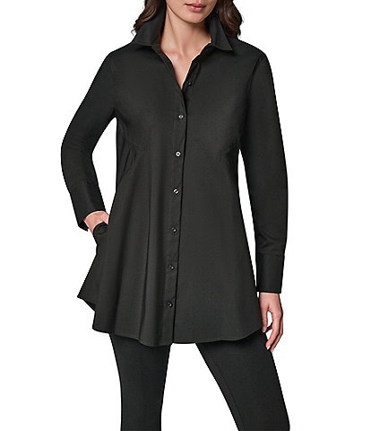 Donna Karan Woven Button Front Collared Long Sleeve High-Low A-line Tunic
