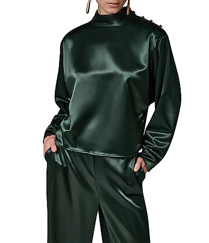 Donna Karan Woven Lux Drape Satin High Neck Long Sleeve Blouse
