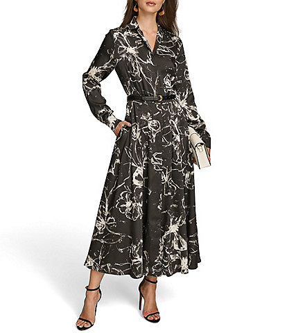Donna Karan Woven Print Collared Long Sleeve Belted Midi Shirt Dress