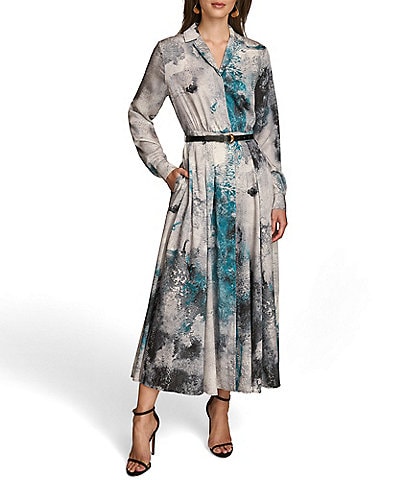 Donna Karan Woven Abstract Print Collared Long Sleeve Belted Midi Shirt Dress