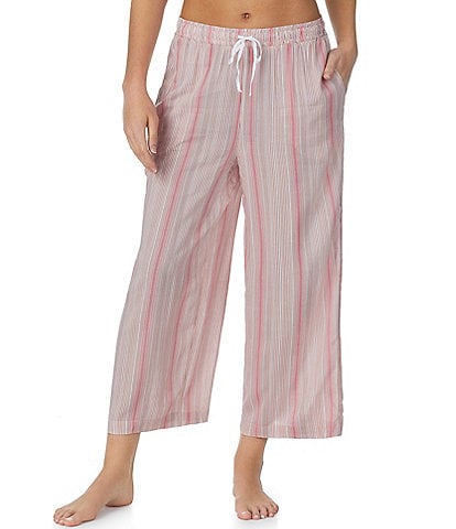 Donna Karan Woven Striped Drawstring Coordinating Cropped Sleep Pant