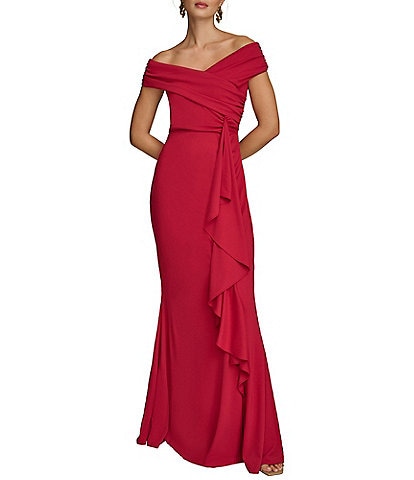 Donna Karan Wrap V-Neck Cap Sleeve Cascade Side Ruffle Gown