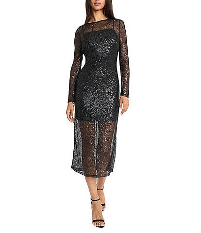 Donna Morgan Alexandra Sheer Knit High Neck Long Sleeve Sheath Dress