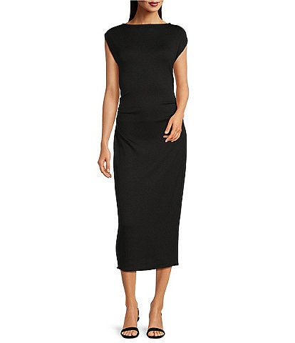 Donna Morgan Boat Neck Cap Sleeve Midi Sheath Dress