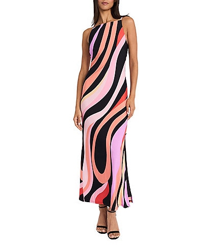 Donna Morgan Boat Neck Sleeveless Abstract Stripe Motif Matte Jersey Column Maxi Dress