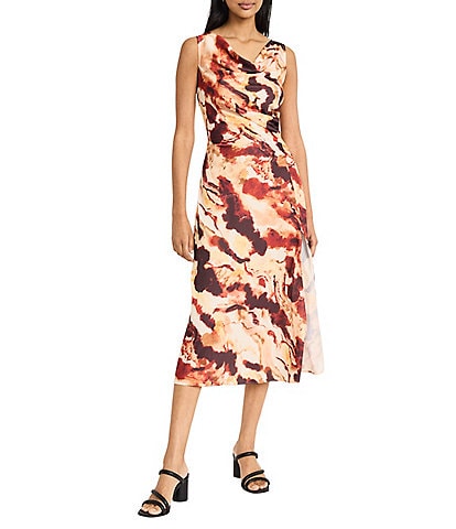 Donna Morgan Cowl Neck Front Slit Printed Midi Dress