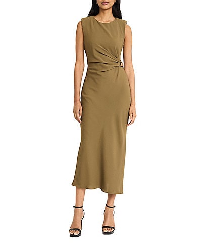 Donna Morgan Crew Neck Sleeveless Ruched Waist Sheath Midi Dress