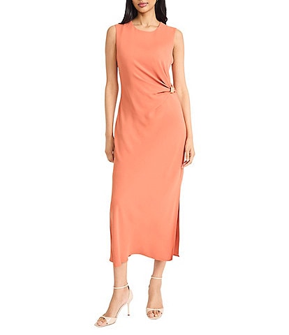 Donna Morgan Crew Neck Sleeveless Ruched Waist Sheath Midi Dress
