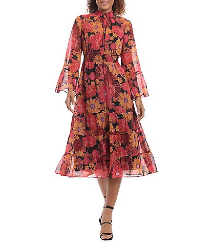 Donna Morgan Floral Mock Neck Long Sleeve Tiered Ruffle A-Line Midi Dress