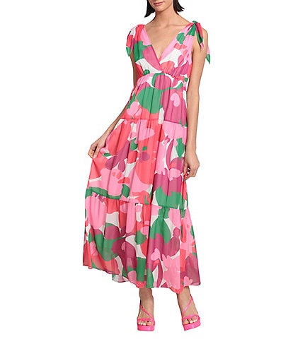 Donna Morgan Floral Print Deep V-Neck Shoulder Tie Tiered Maxi Dress