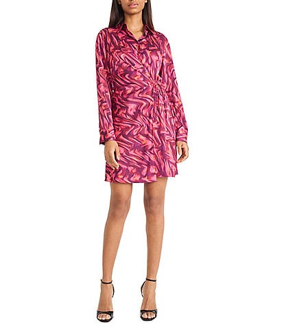 Donna Morgan Light Charmeuse Wrap Silhouette Collared V Neckline Long Sleeve Overlap Mini Dress