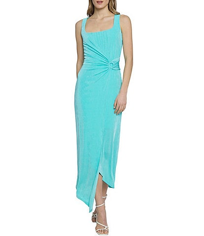 Donna Morgan Naomi Jersey Square Neck Sleeveless Ruched Faux Wrap Waist O-Ring Asymmetrical Hem Midi Dress