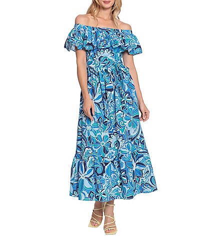 Donna Morgan Off-the-Shoulder Short Sleeve Tie Waist Ruffle Floral Printed Cotton Maxi Dress