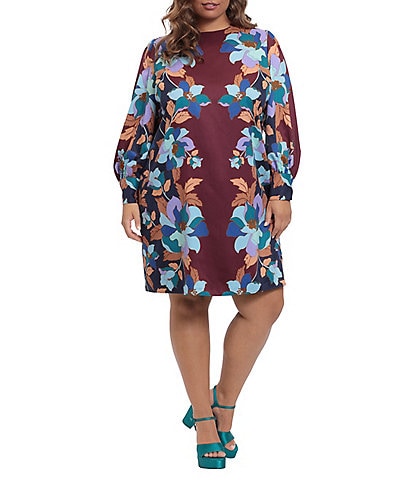Donna Morgan Plus Size Floral Print Crew Neck Long Sleeve Shift Dress
