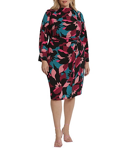 Donna Morgan Plus Size Long Sleeve High Neck Printed Sheath Dress