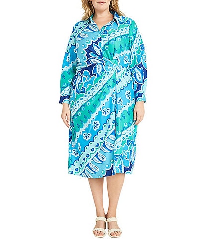 Donna Morgan Plus Size Long Sleeve V-Neck Printed Faux-Wrap Midi Dress