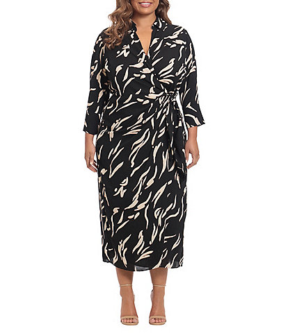 Donna Morgan Plus Size Long Sleeve V-Neck Printed Georgette Wrap Dress