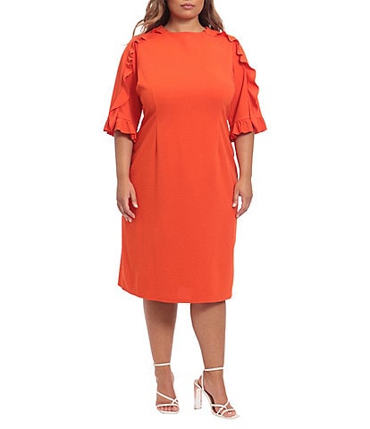 Donna Morgan Plus Size Ruffle 3/4 Sleeve Crew Neck Scuba Crepe Midi Sheath Dress
