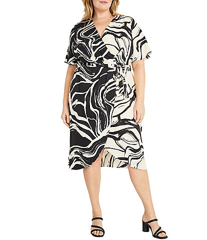 Donna Morgan Plus Size Short Sleeve V-Neck Wrap Printed Dress