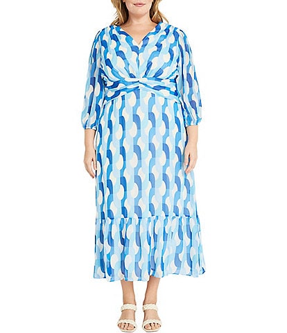 Donna Morgan Plus Size V-Neck 3/4 Sleeve Printed Maxi Dress