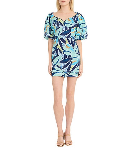 Donna Morgan Poplin Floral Print Sweetheart Neck Short Sleeve Sheath Mini Dress