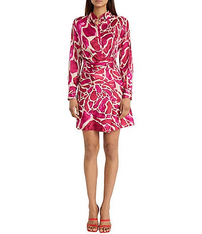 Donna Morgan Abstract Printed Light Charmeuse Button Front Collar Long Sleeve Wrap Front Mini Dress