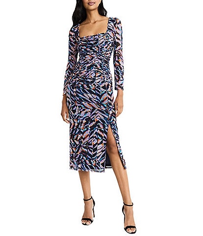 Donna Morgan Printed Mesh Square Neck Long Sleeve Midi Dress