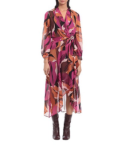 Donna Morgan Printed Surplice V-Neck 3/4 Sleeve Self-Tie Sash Faux Wrap Midi Dress