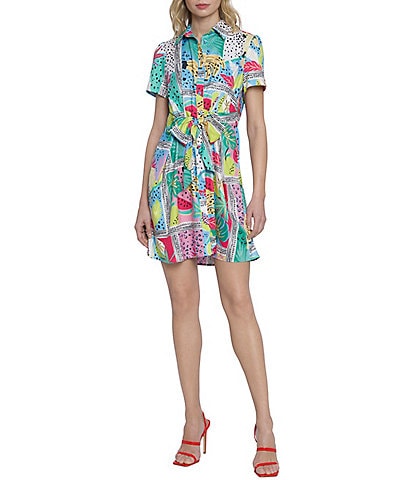 Donna Morgan Printed Twill Point Collar Short Sleeve Button Down Tie Front Mini Dress