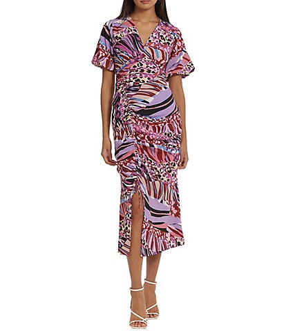 Donna Morgan Printed V-Neck Short Flutter Sleeve Ruched Skirt Midi Dress