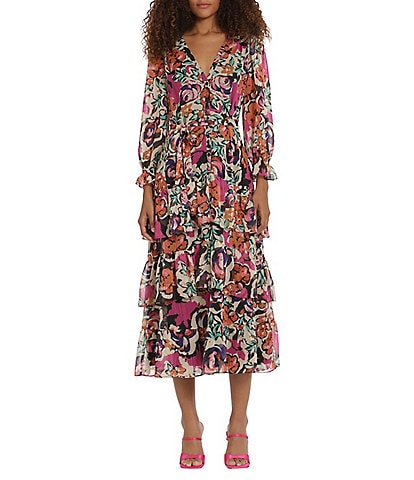 Donna Morgan Printed V Neckline Long Sleeve Tiered Midi Dress