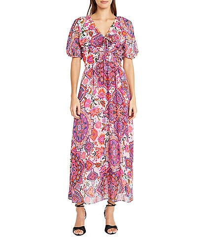 Donna Morgan Printed V Neckline Short Puff Sleeve A Line Midi Dress with Front Tie