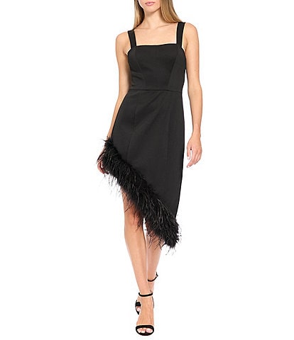 Donna Morgan Sleeveless Asymmetric Feather Bottom Mini Dress