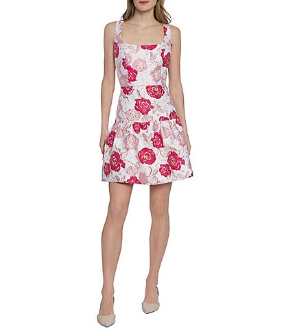 Donna Morgan Square Neck Floral Jacquard Sleeveless Tiered Drop Waist Mini Dress