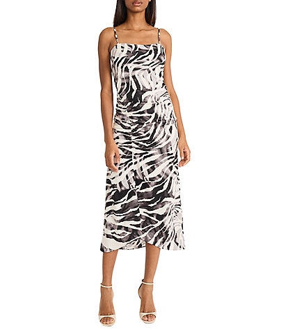 Donna Morgan Square Neck Sleeveless Ruched Animal Print Twill Tank Dress