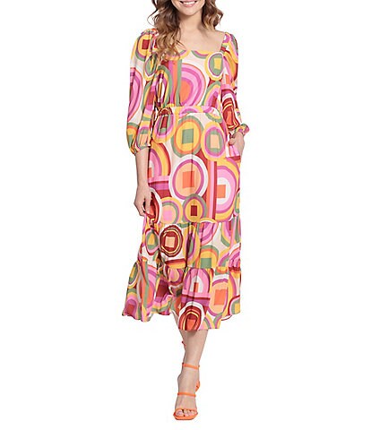Donna Morgan Stretch Square Neck 3/4 Sleeve Tiered Midi Dress