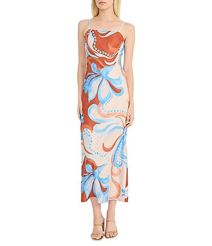 Donna Morgan Twill Square Neck Sleeveless Printed Sheath Midi Dress
