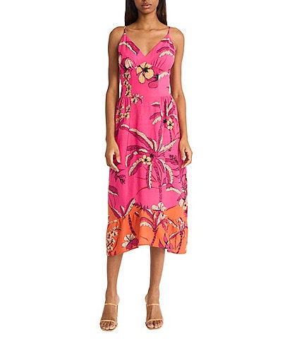 Donna Morgan V-neck Sleeveless Asymmetrical Hem Tropical Print Linen Blend Midi Dress