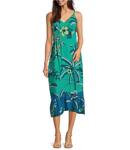 Donna Morgan V-neck Sleeveless Asymmetrical Hem Tropical Print Linen Blend Midi Dress