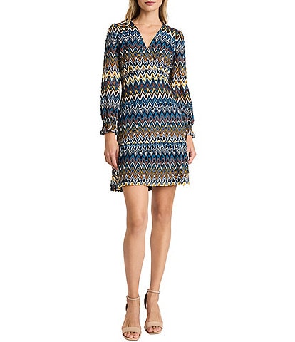 Donna Morgan Zig Zag Crochet V-Neck Long Sleeve Flutter Cuff Mini Dress