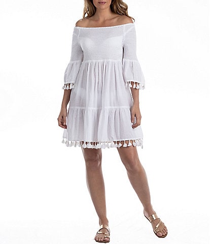 Dotti Cotton Solid Off-The-Shoulder Smocked Pom Pom Tiered Cover-Up Dress