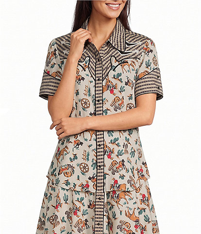 Double D Ranch Hardcore Western Cowboy Graffiti Print Point Collar Short Sleeve Coordinating Top