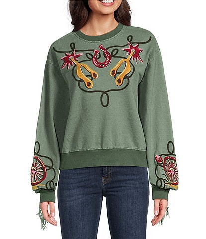 Double D Ranch Knit Crew Neck Long Sleeve Embroidery Fringe Sweatshirt