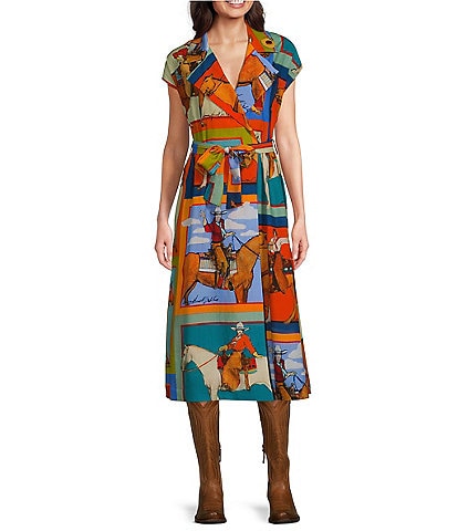 Double D Ranch Women Of The Range Printed V-Neck Short Sleeve Wrap Midi Dress