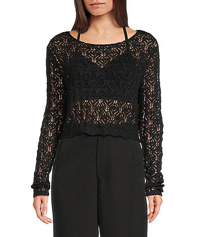 Double Zero Scoop Neck Long Sleeve Crochet Sweater Top