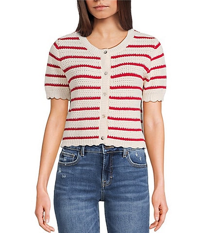 Double Zero Striped Short Sleeve Scalloped Button Front Sweater