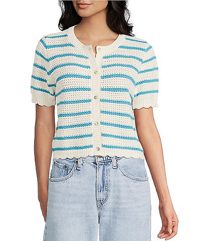 Double Zero Striped Short Sleeve Scalloped Button Front Sweater