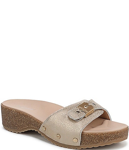 Dr. Scholl's Original Flex Distressed Metallic Leather Cork Buckled Slide Sandals