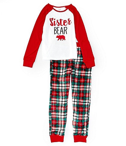 Dream Life Big Girls 7-16 Long Sleeve Sister Bear Color Block Pajama Tee & Plaid Pajama Pant Set