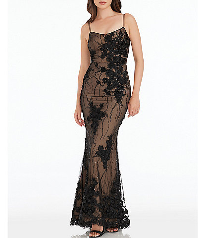 Dress the Population 3D Rose Embellished Sequin Sweetheart Neck Sleeveless Mermaid Gown